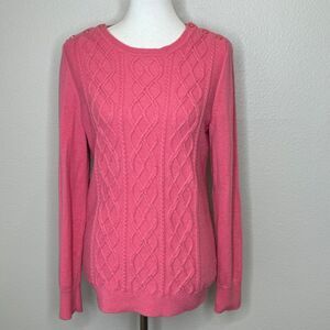 TALBOTS Lambswool Blend Cable Knit Sweater MED Pink Shoulder Buttons Barbie Warm